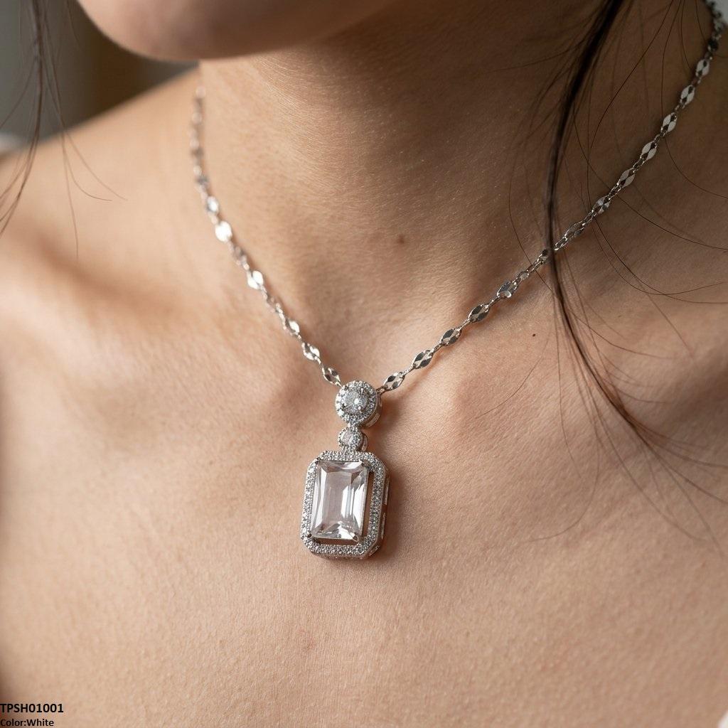 TPSH01001  TNR Stainless Steel Zircon Rectangle Stone Pendant - TPSH