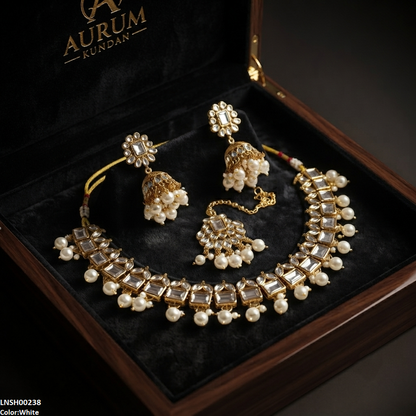 LNSH00238 ANI Square Pearl Drop Necklace Set - LNSH