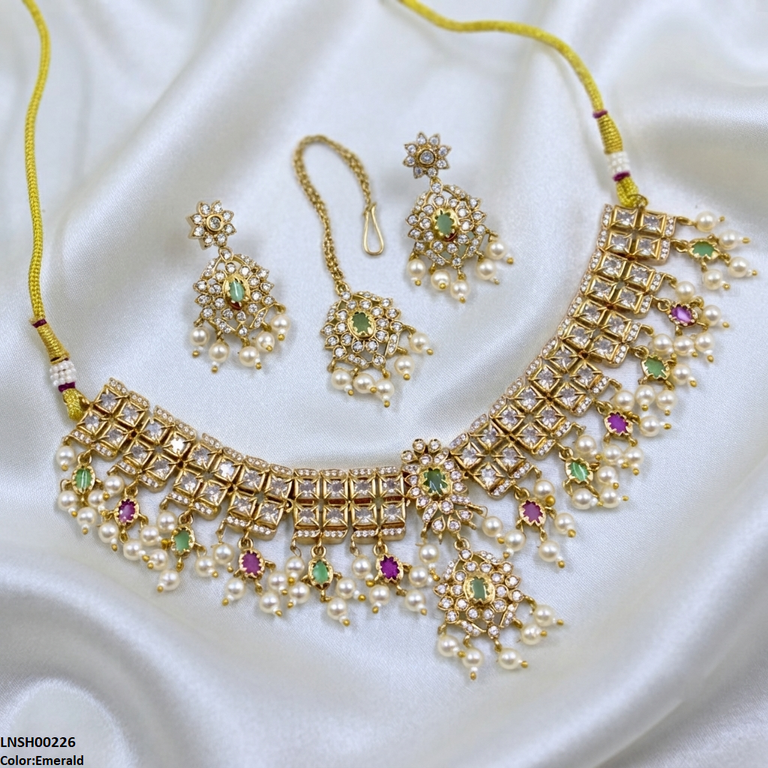 LNSH00226 ANI Flower Square Stone Pearl Drop Necklace Set - LNSH