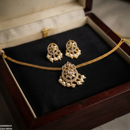 LNSH00219 ANI Tear/Oval Flower Pearl Drop Necklace Set - LNSH