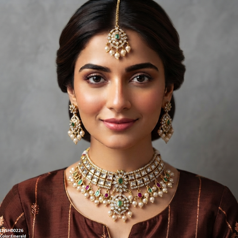 LNSH00226 ANI Flower Square Stone Pearl Drop Necklace Set - LNSH