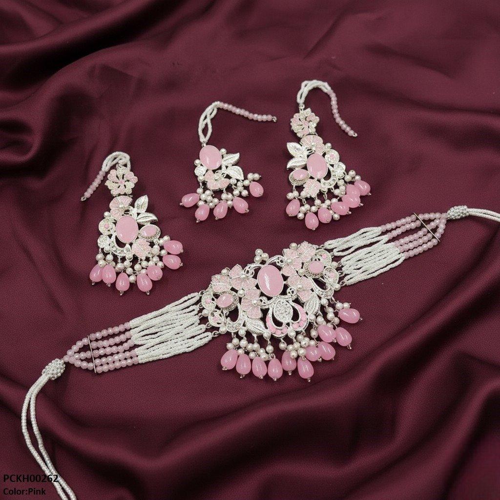PCKH00262 SDQ Oval/Flower Pearl Drop Choker Set - PCKH