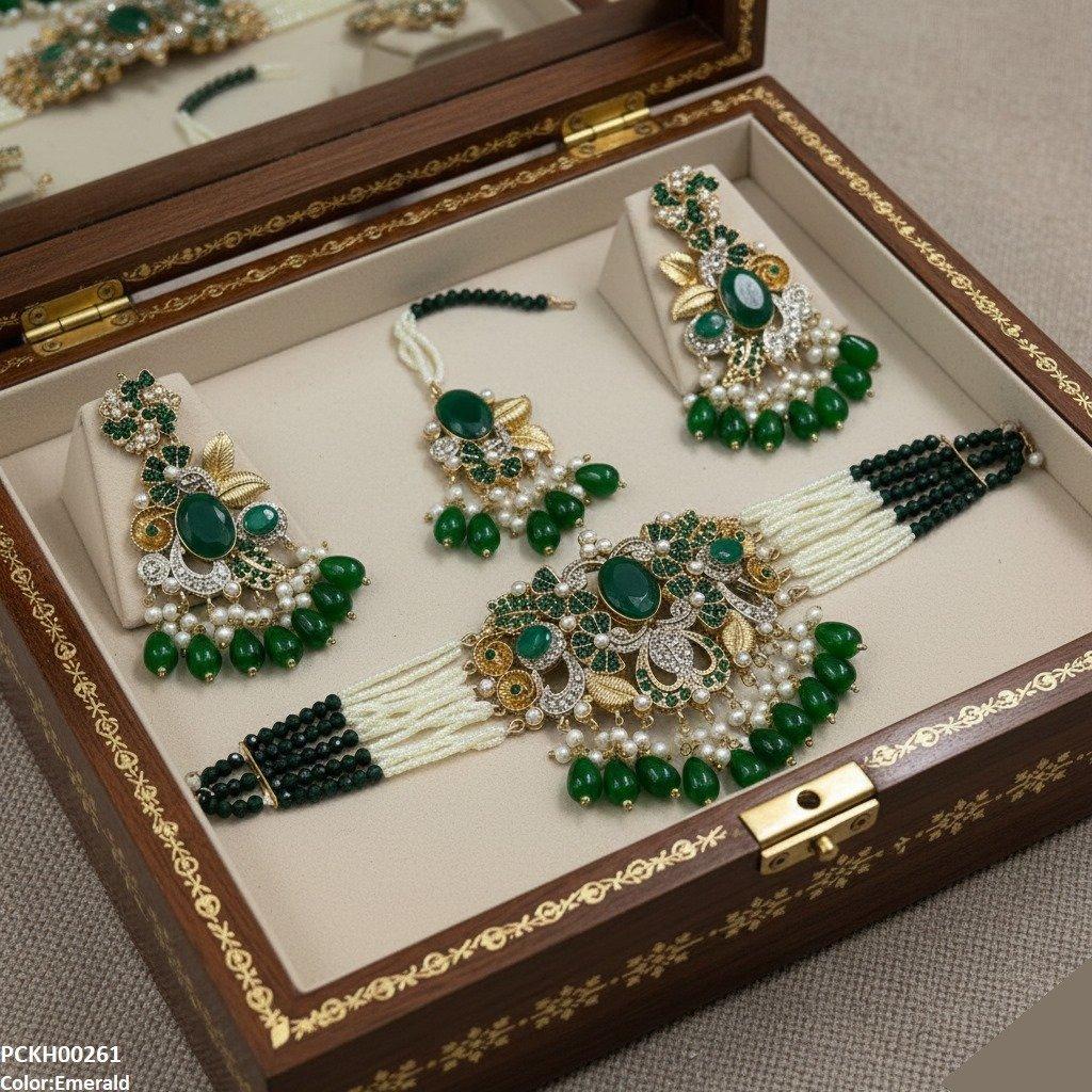 PCKH00261 SDQ Oval/Flower Pearl Drop Choker Set - PCKH