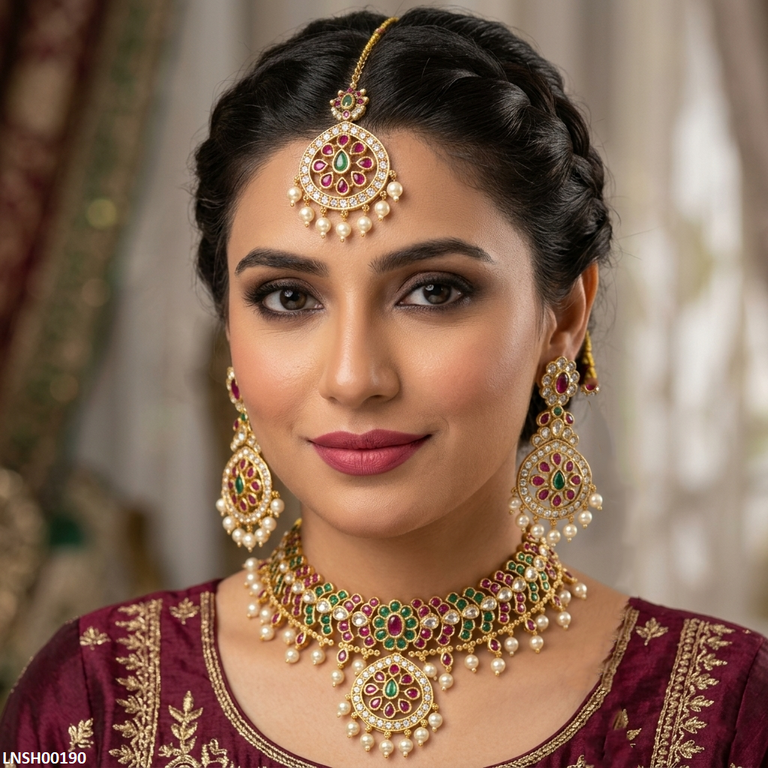 LNSH00190 ANI Multi Stone Pearl Drop Necklace Set - LNSH