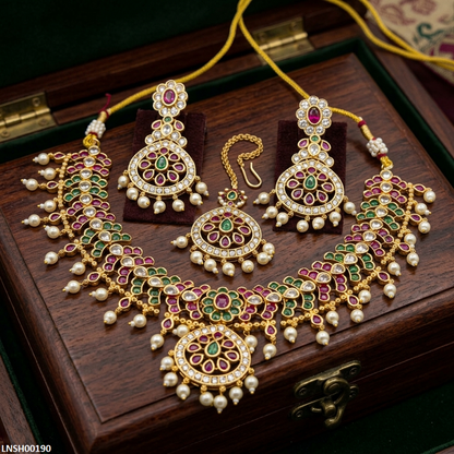 LNSH00190 ANI Multi Stone Pearl Drop Necklace Set - LNSH