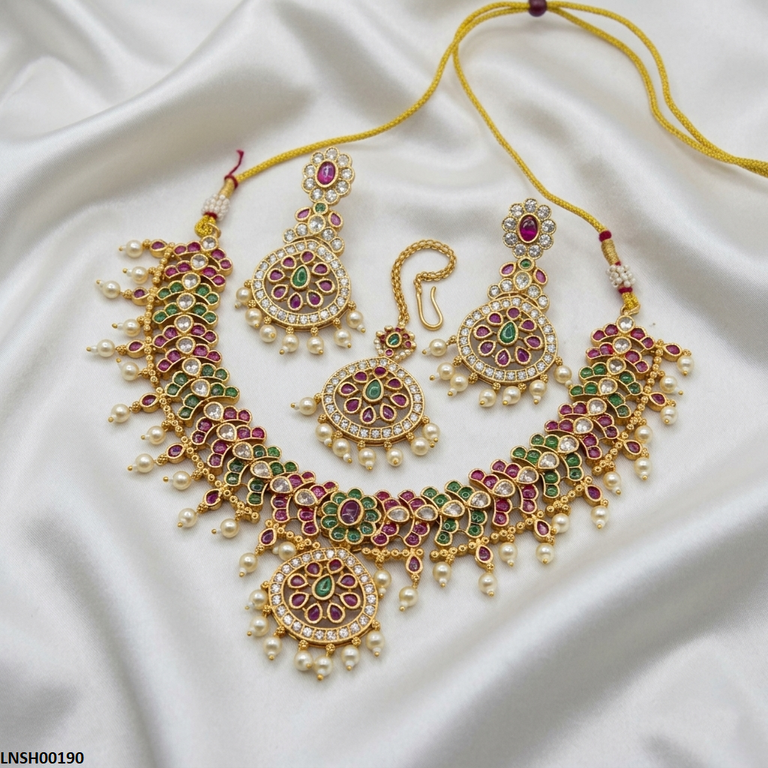 LNSH00190 ANI Multi Stone Pearl Drop Necklace Set - LNSH