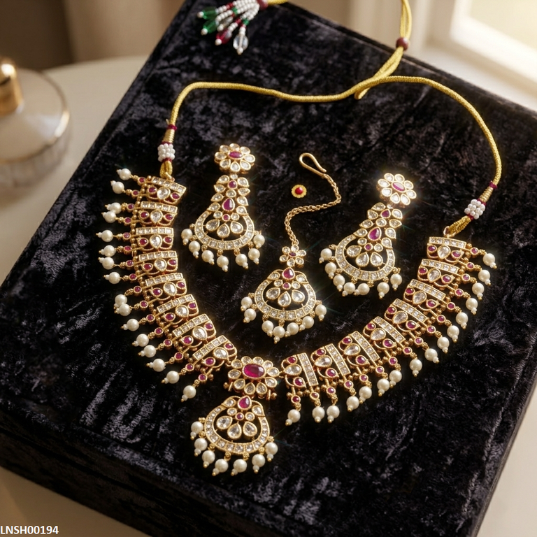 LNSH00194 ANI Tear Flower Pearl Drop Necklace Set - LNSH