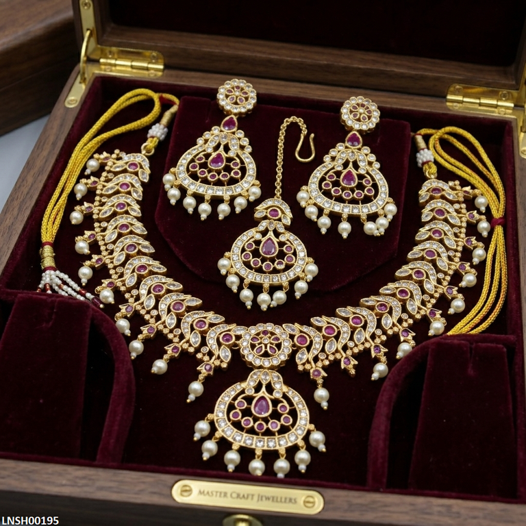 LNSH00195 ANI Oval Flower Pearl Drop Necklace Set - LNSH