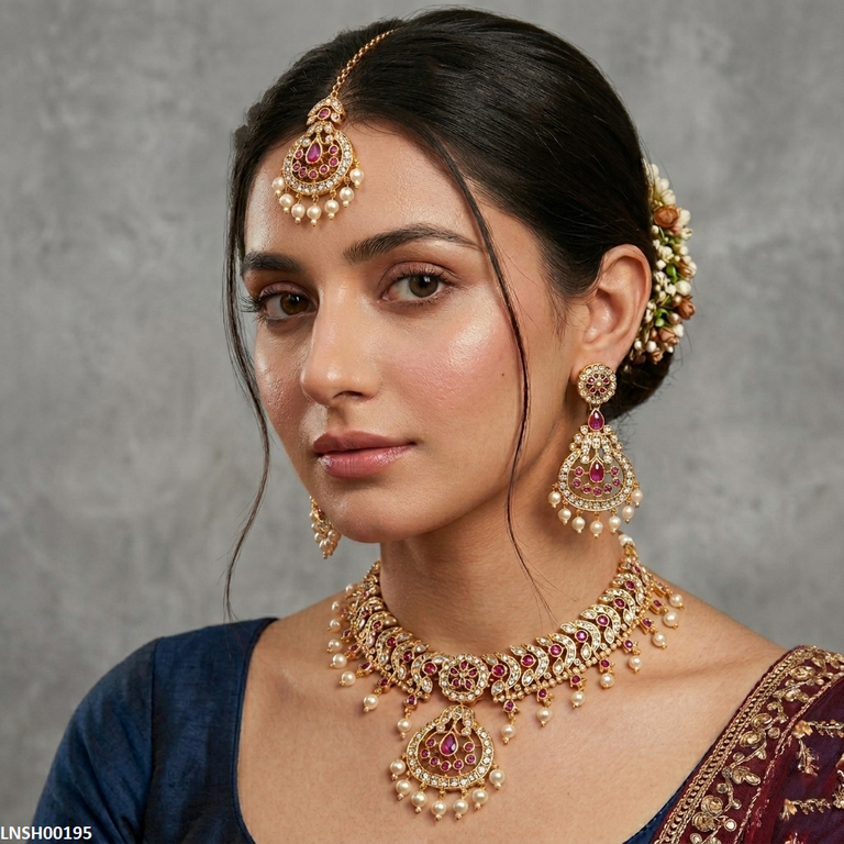LNSH00195 ANI Oval Flower Pearl Drop Necklace Set - LNSH
