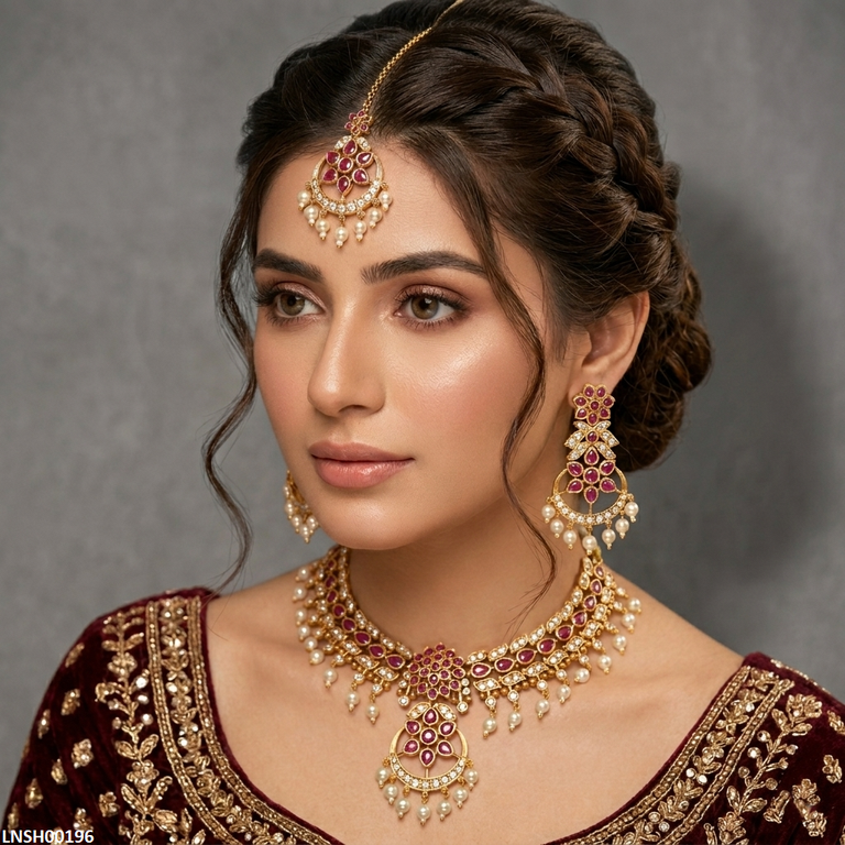 LNSH00196 ANI Tear Flower Pearl Drop Necklace Set - LNSH