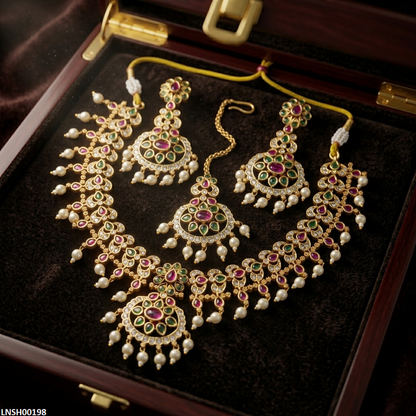 LNSH00198 ANI Flower Pearl Drop Necklace Set - LNSH