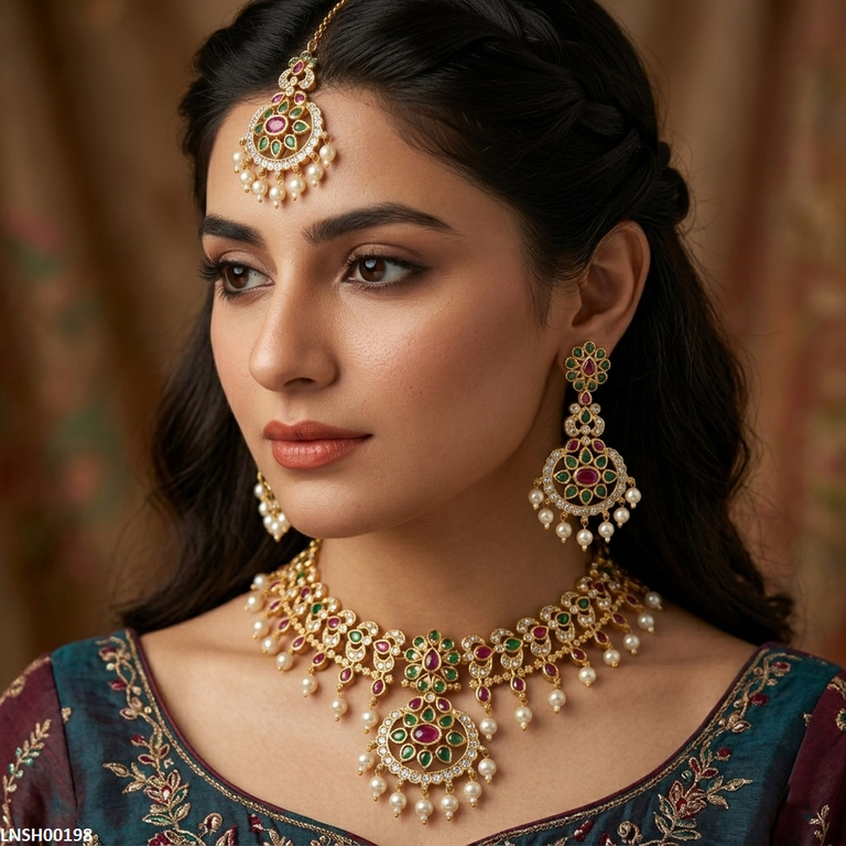 LNSH00198 ANI Flower Pearl Drop Necklace Set - LNSH