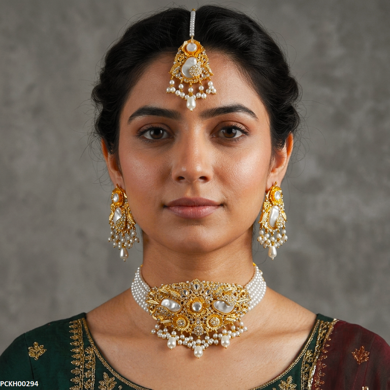 PCKH00294 MZM Round Flower Pearl Drop Choker Set - PCKH