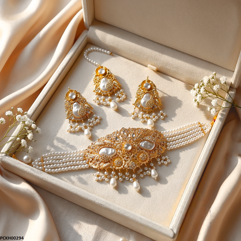 PCKH00294 MZM Round Flower Pearl Drop Choker Set - PCKH