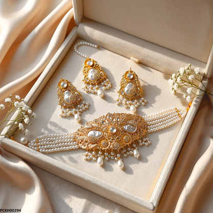 PCKH00294 MZM Round Flower Pearl Drop Choker Set - PCKH