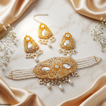 PCKH00294 MZM Round Flower Pearl Drop Choker Set - PCKH