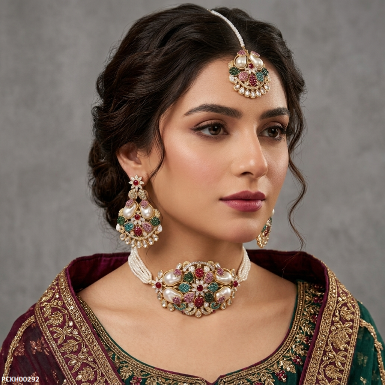 PCKH00292 SDQ Multi Flower Pearl  Choker Set - PCKH