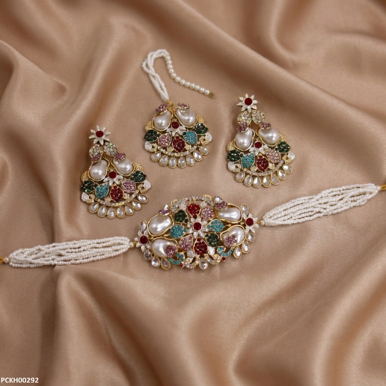 PCKH00292 SDQ Multi Flower Pearl  Choker Set - PCKH