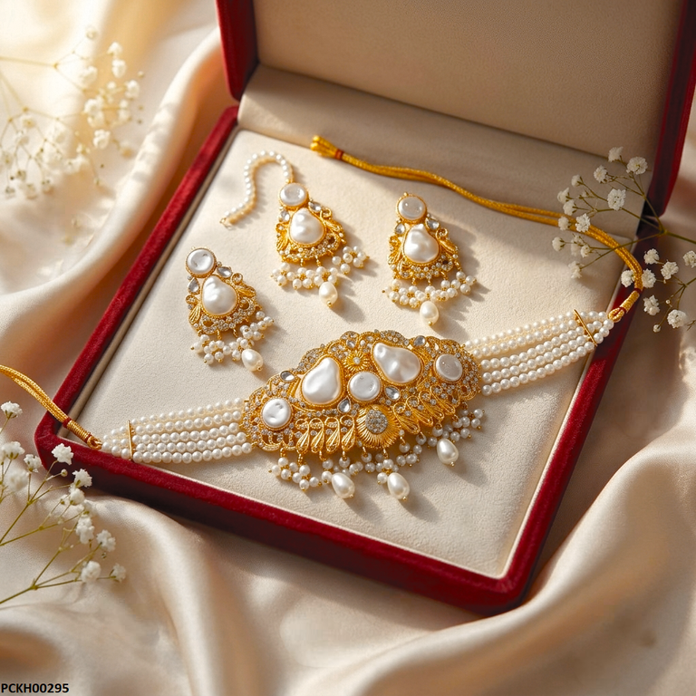 PCKH00295 MZM Round Pearl Multi Stone  Choker Set - PCKH