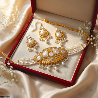 PCKH00295 MZM Round Pearl Multi Stone  Choker Set - PCKH