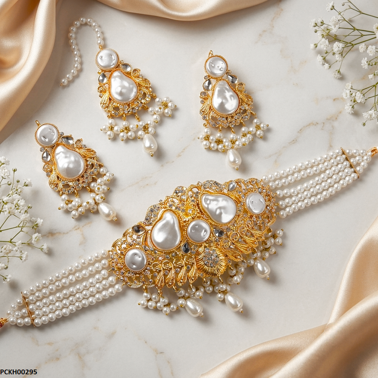 PCKH00295 MZM Round Pearl Multi Stone  Choker Set - PCKH