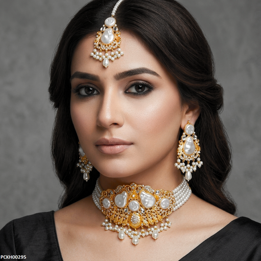PCKH00295 MZM Round Pearl Multi Stone  Choker Set - PCKH