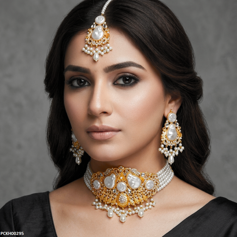 PCKH00295 MZM Round Pearl Multi Stone  Choker Set - PCKH