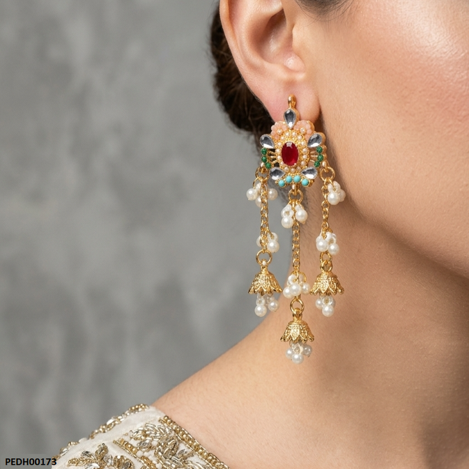 PEDH00173 SDQ Pearl Jhumki Drop Earrings - PEDH