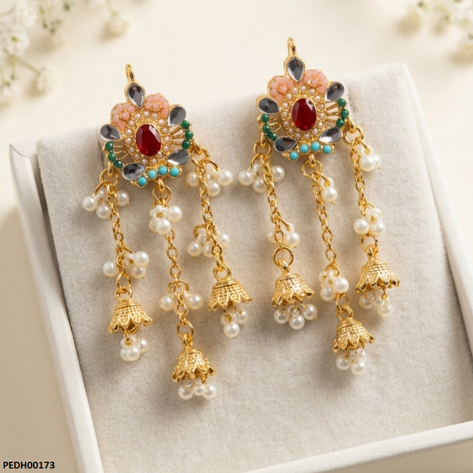 PEDH00173 SDQ Pearl Jhumki Drop Earrings - PEDH