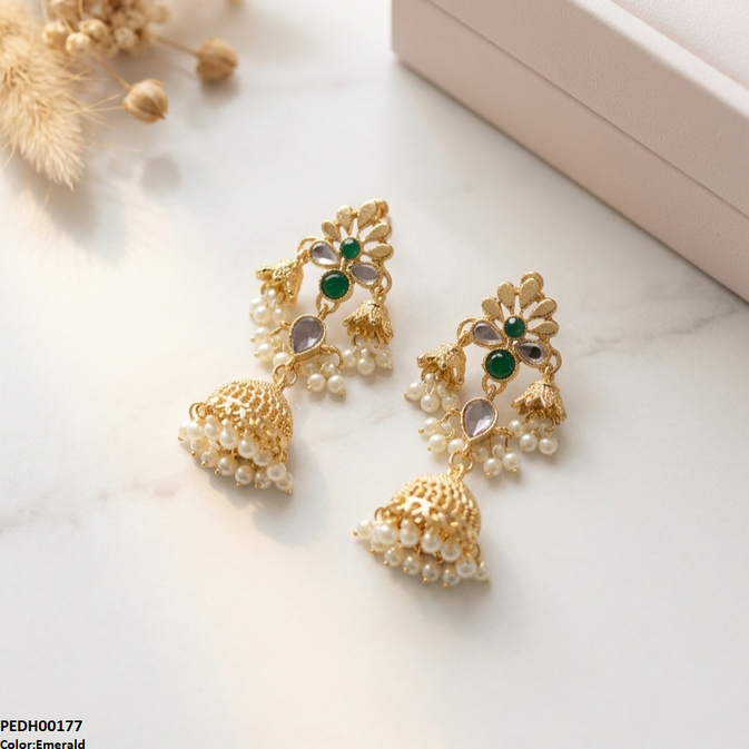 PEDH00177 SDQ Flower Jhumki Drop Earrings - PEDH