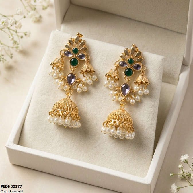 PEDH00177 SDQ Flower Jhumki Drop Earrings - PEDH