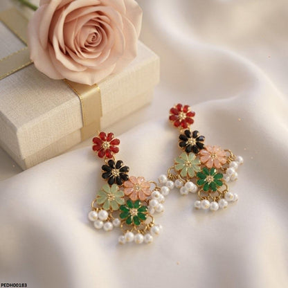 PEDH00183 FRN Multi Flower Pearl Drop Earrings - PEDH