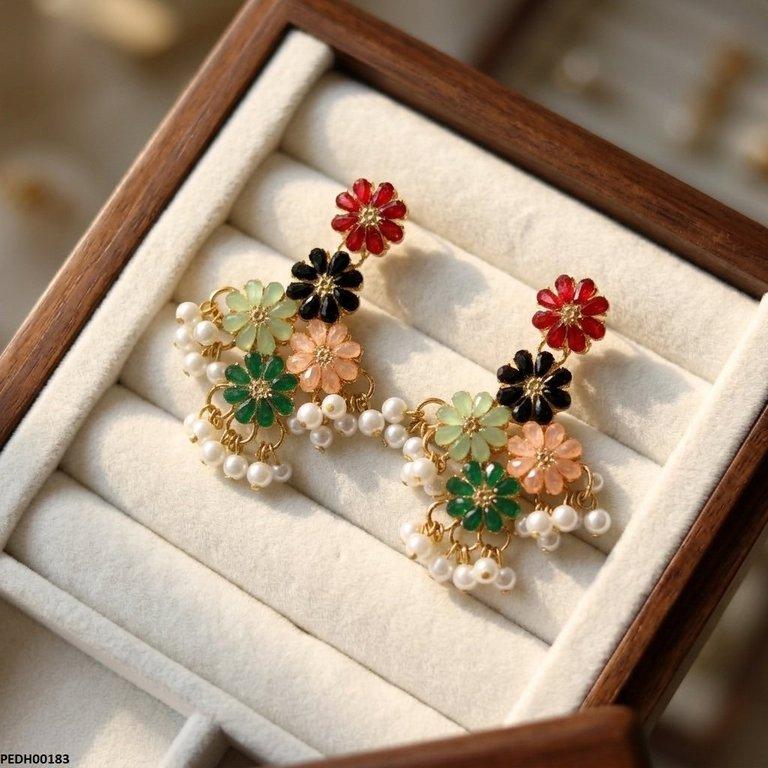 PEDH00183 FRN Multi Flower Pearl Drop Earrings - PEDH