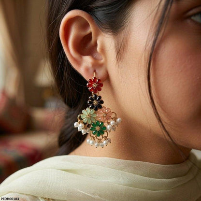 PEDH00183 FRN Multi Flower Pearl Drop Earrings - PEDH