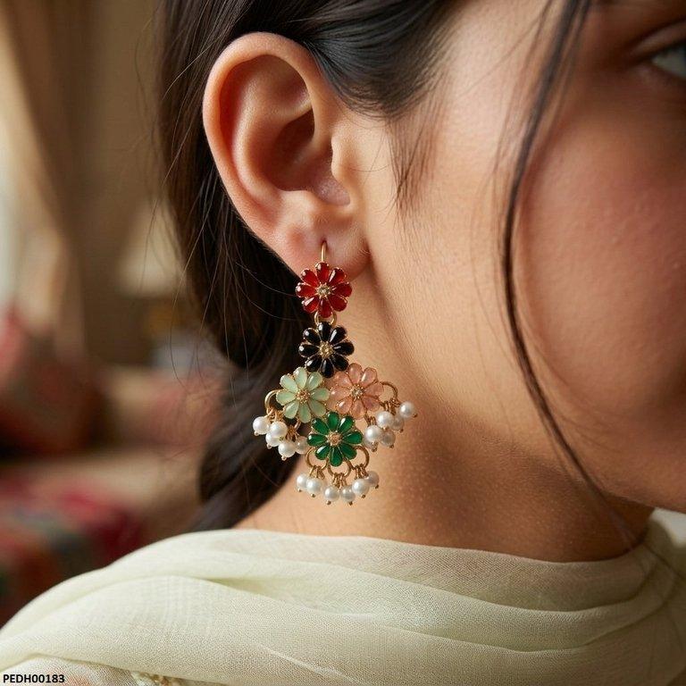 PEDH00183 FRN Multi Flower Pearl Drop Earrings - PEDH