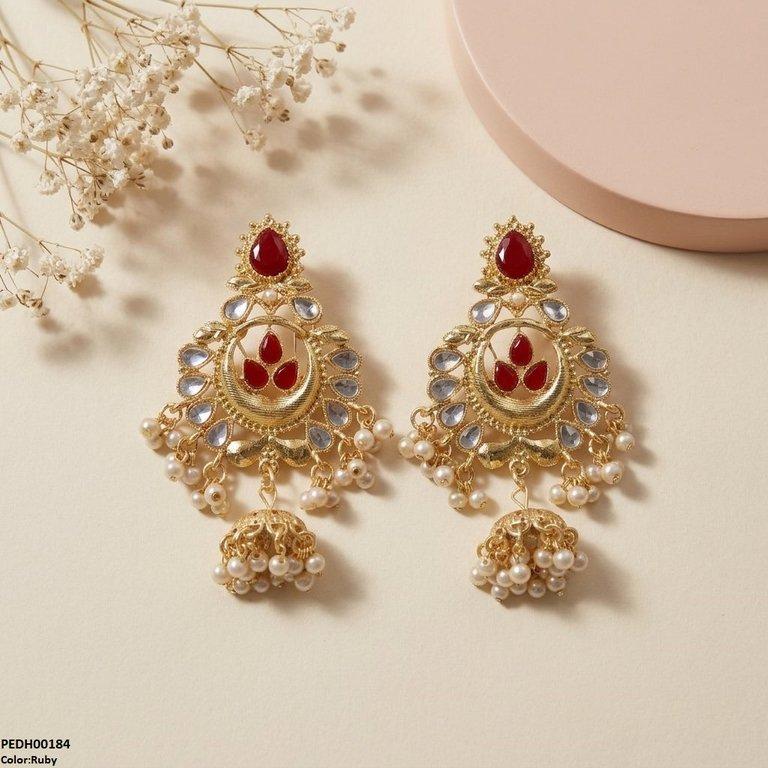PEDH00184 SDQ Moon Pearl Jhumki Drop Earrings - PEDH