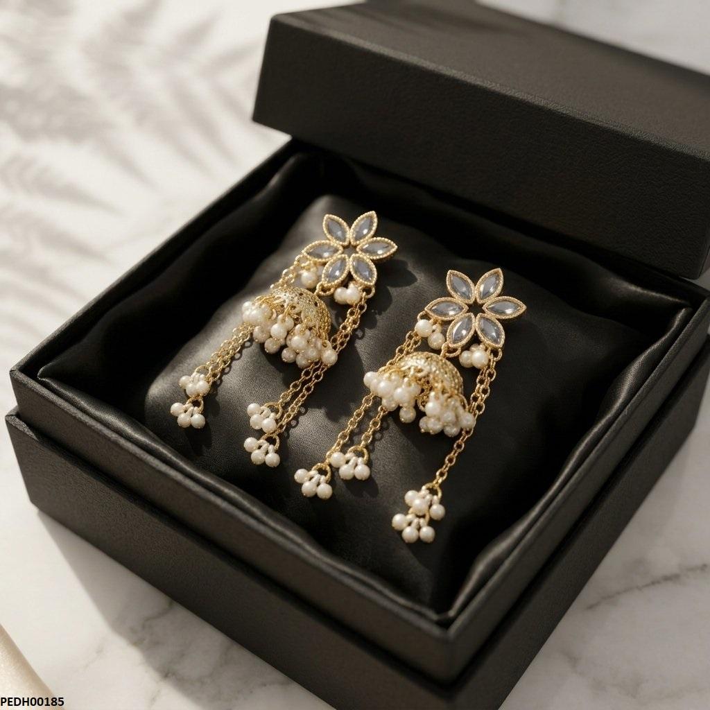 PEDH00185 SDQ Flower Layer Pearl Drop Earrings - PEDH