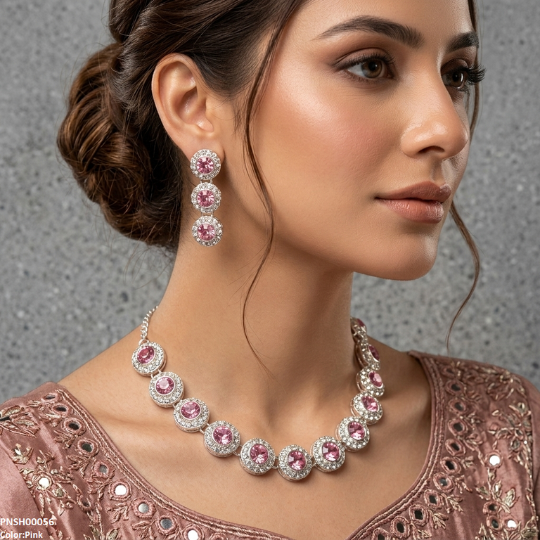 PNSH00056 ABD Round Crystal Stone Necklace Set - PNSH