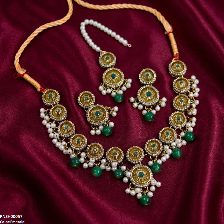 PNSH00057 ABD Round Antique Pearl Drop Necklace Set - PNSH