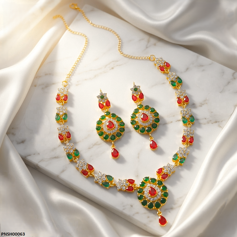 PNSH00063 ABD Multi Stone Tear Drop Necklace Set - PNSH