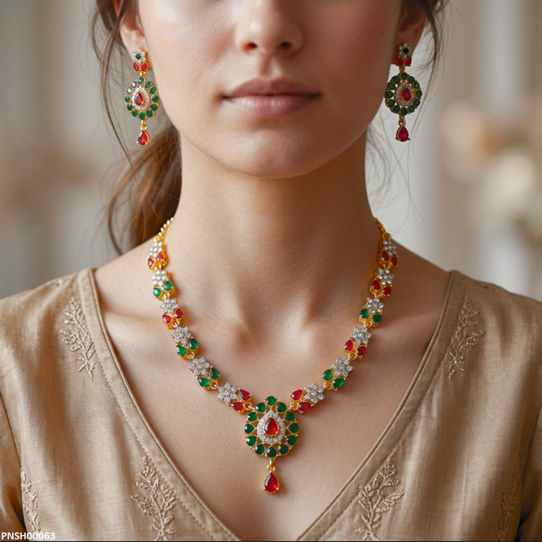 PNSH00063 ABD Multi Stone Tear Drop Necklace Set - PNSH