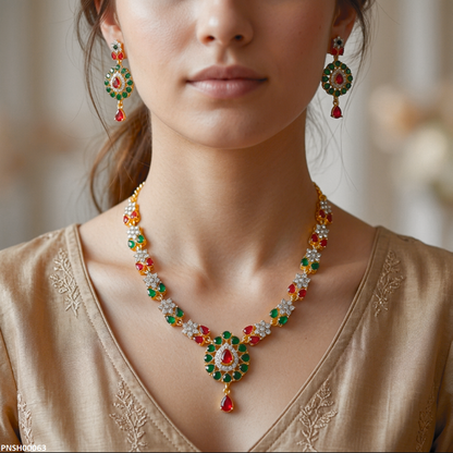 PNSH00063 ABD Multi Stone Tear Drop Necklace Set - PNSH