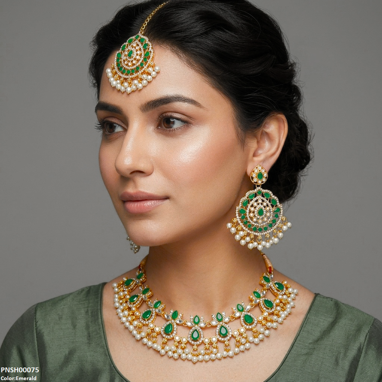 PNSH00075 FRN Tear Flower Pearl Drop Necklace Set - PNSH