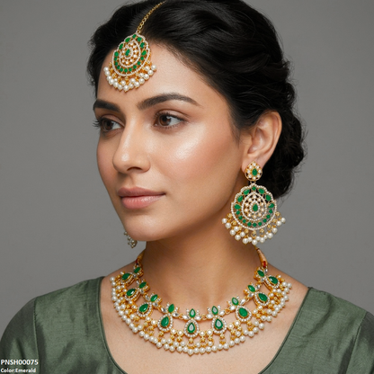 PNSH00075 FRN Tear Flower Pearl Drop Necklace Set - PNSH