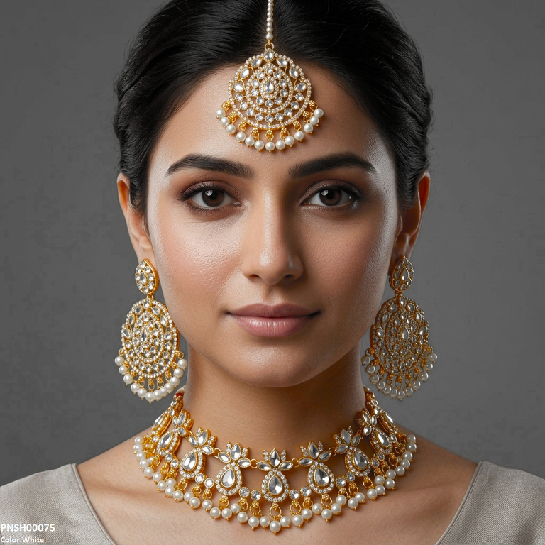 PNSH00075 FRN Tear Flower Pearl Drop Necklace Set - PNSH