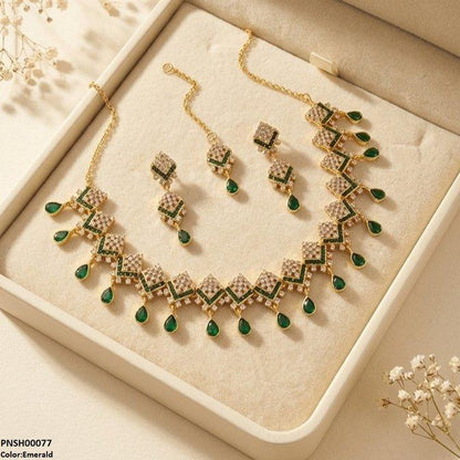 PNSH00077 FRN Double Tear Drop  Necklace Set - PNSH