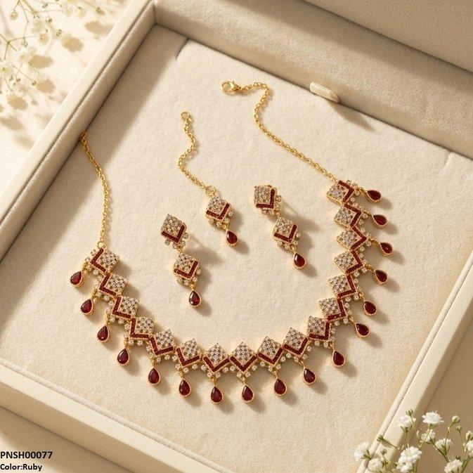 PNSH00077 FRN Double Tear Drop  Necklace Set - PNSH
