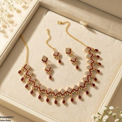 PNSH00077 FRN Double Tear Drop  Necklace Set - PNSH