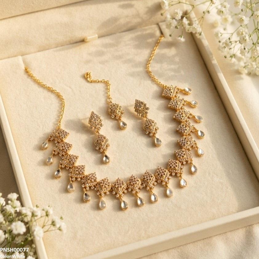 PNSH00077 FRN Double Tear Drop  Necklace Set - PNSH