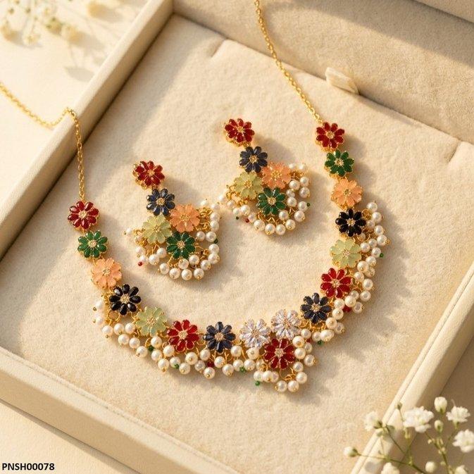 PNSH00078 FRN Multi Flower Pearl Drop  Necklace Set - PNSH